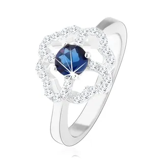 Šperky Eshop - Ródiovaný prsteň zo striebra 925, číry obrys štvorlístka s modrým zirkónom HH13.19 - Veľkosť: 59 mm